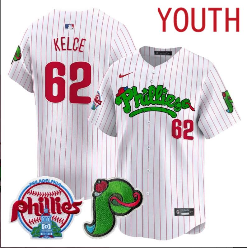 Youth Philadelphia Phillies #62 Kelce white with red strips Limited 2024 MLB Nike jersey->youth nfl jersey->Youth Jersey